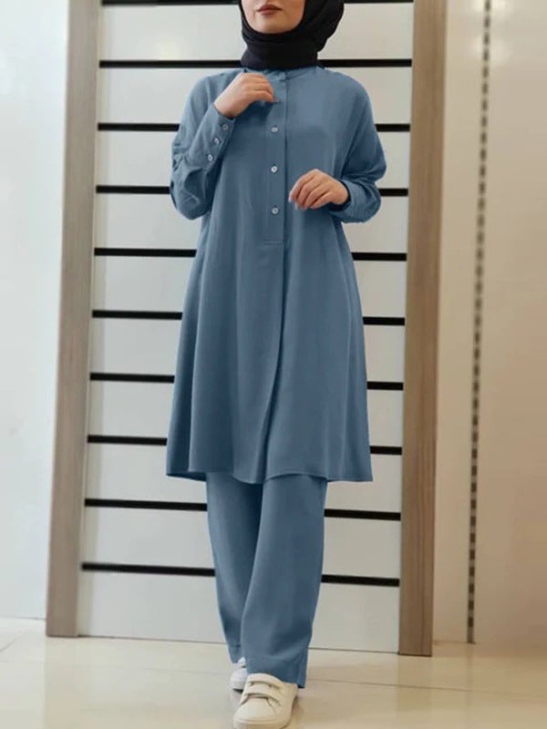 in stock H728# Muslim Womens New Solid Color Two-Piece Shirt Pants suit Casual Loose Pants suit Khaki - Image 2