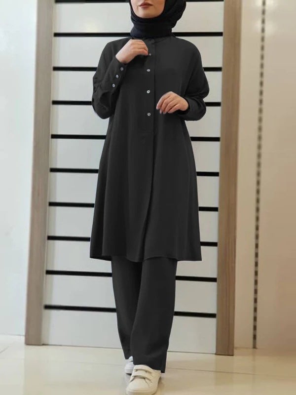 in stock H728# Muslim Womens New Solid Color Two-Piece Shirt Pants suit Casual Loose Pants suit Khaki - Image 4