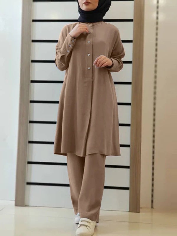 in stock H728# Muslim Womens New Solid Color Two-Piece Shirt Pants suit Casual Loose Pants suit Khaki - Image 1