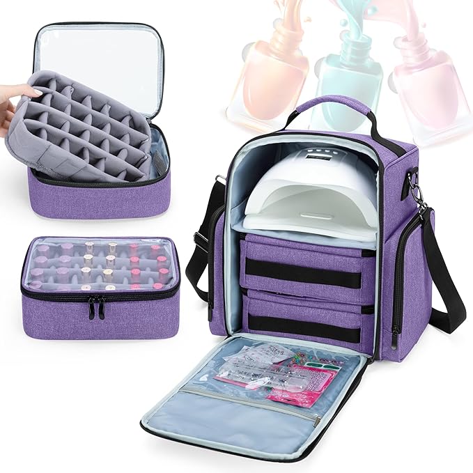 BAFASO Nail Polish Organiser Holds 48 Bottles 15ml 05 floz and a Nail Lamp Large Case with 2 Removable Pouches and Multiple Storage Sections Bag Only Grey Patented - Image 3