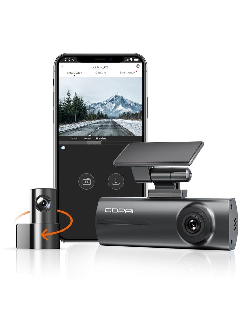 DDPAI Dash Cam for Cars, 1296P + 1080P Front and Rear Dashcam Car Camera Built-in WiFi, Super Night Vision, Dual Captures Footage, 24H Parking Mode, G-Sensor, Loop Recording, N1 Dual - Image 1
