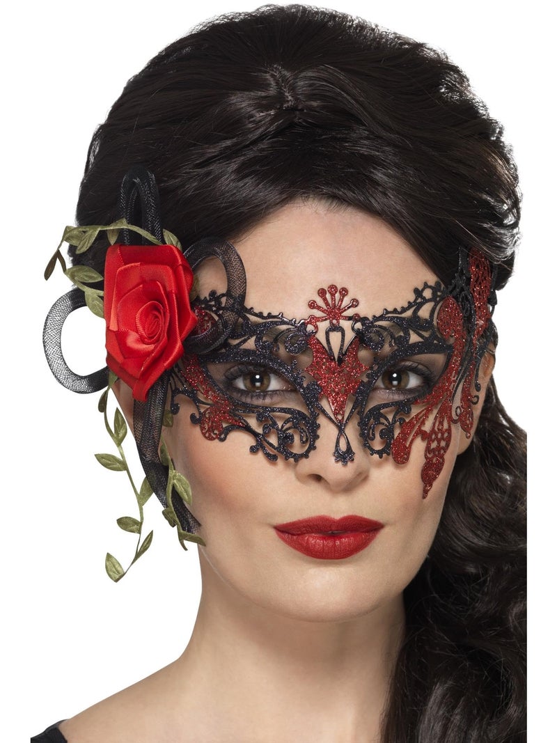 Smiffys Day of the Dead Metal Filigree Eyemask Black with Roses Eyemasks Fancy Dress Halloween Dress Up Eye masks - Image 3
