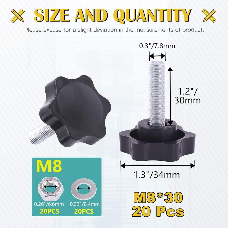 Mardatt 20 Sets M8x30mm Star Knobs Male Thread Clamping Knob Screw Hand Tightening Knob Quick Removal Replacement Parts with 304 Stainless Steel Hex Nuts and Flat Washers - Image 2