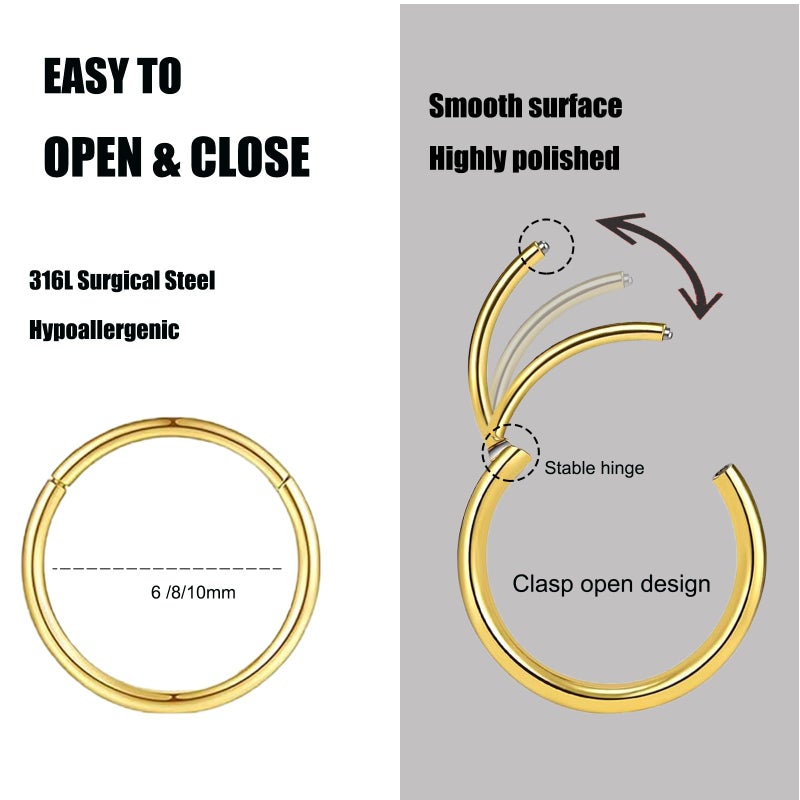 GingYing 3Pcs 18G Gold Nose Rings Hoops for Women Men, Hypoallergenic 316L Surgical Steel Hinged Clicker Segment Septum Rings Hoop Helix Cartilage Daith Tragus 6/8/10mm Earrings Real Body Piercing Jewelry - Image 2