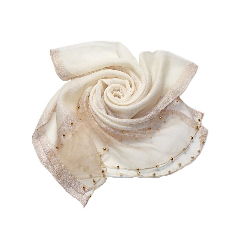 HURESON Womens Scarves Lightweight Silk Scarf Shawls and Wraps for Evening Dresses Summer Beach Wedding Shawl gifts (Beige with pearl)