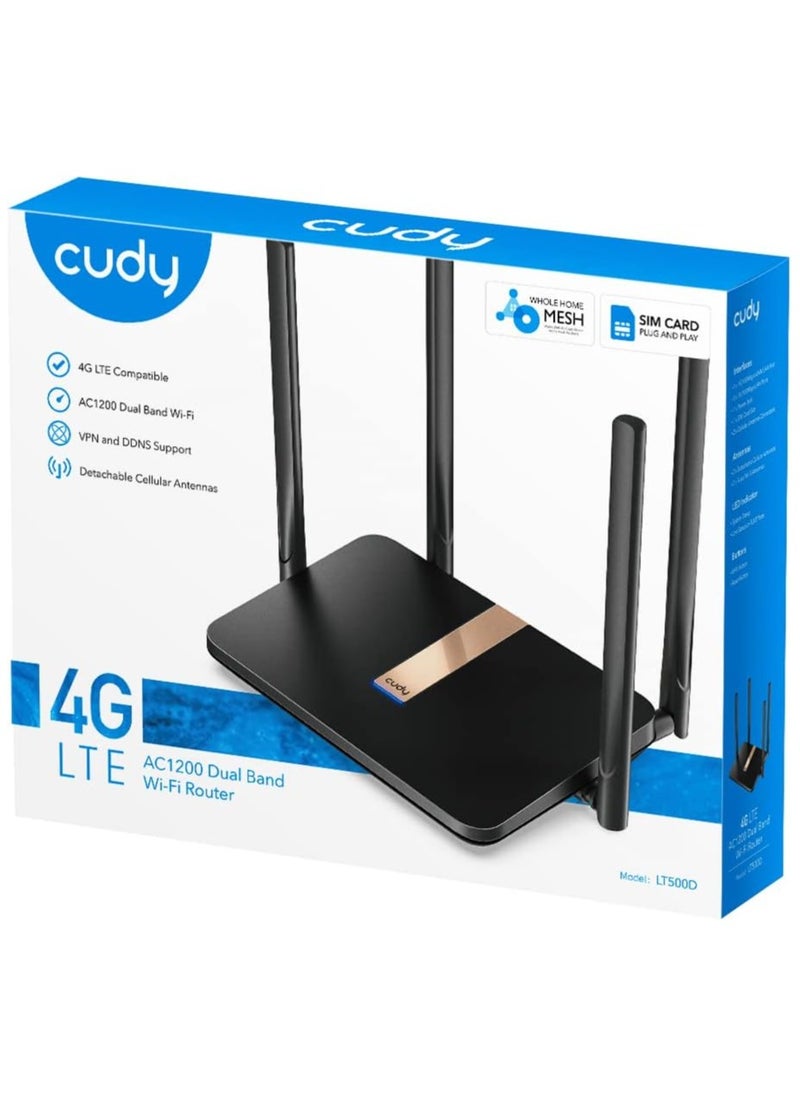Cudy New AC1200 Unlocked 4G LTE Modem Router with SIM Card Slot, 1200Mbps Mesh WiFi, EC25 to AFX Qualcomm Chipset, Detachable Cellular Antennas, DDNS, VPN, LT500D