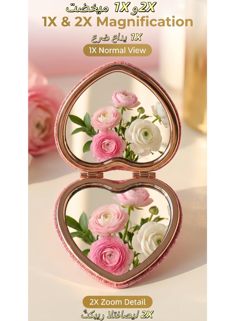 7.5x7cm Travel Makeup / Heart Shaped Folding Double Sided Mirror 2X Magnifying No Distortion Portable Makeup Mirror for Women Girls Students - Image 3