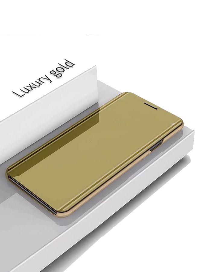 Case for Samsung Galaxy S7 Edge Case Luxury Clear View Plating Mirror Case Anti-drop Built-in Flip Cover Folding Bracket PC+PU 360 Degrees Full Body Protective Leather Cover（Gold）  - Image 3