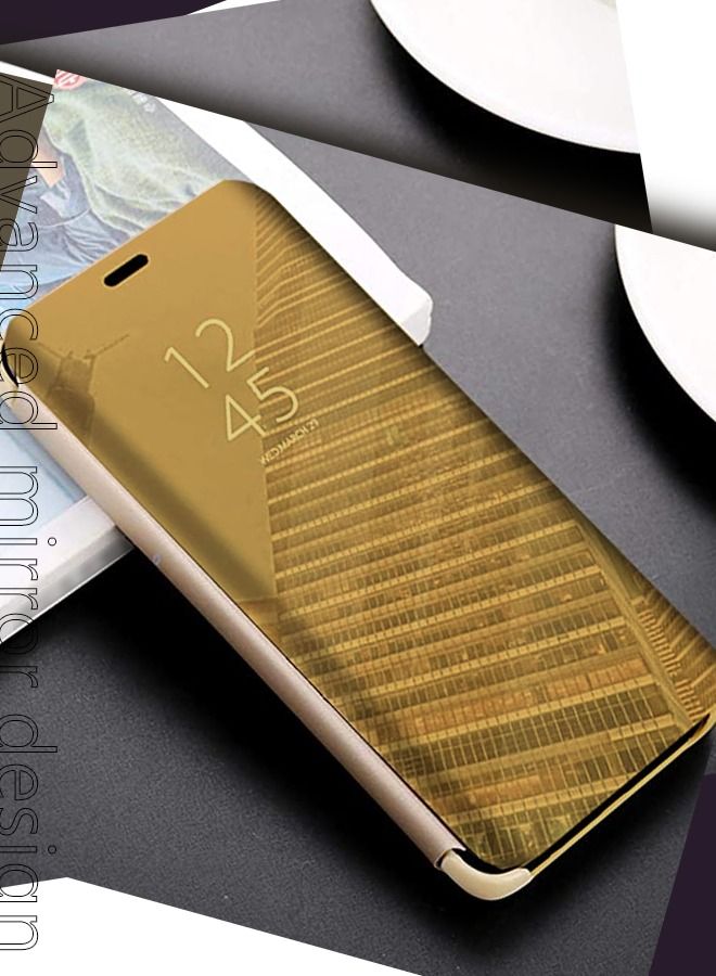 Case for Samsung Galaxy S7 Edge Case Luxury Clear View Plating Mirror Case Anti-drop Built-in Flip Cover Folding Bracket PC+PU 360 Degrees Full Body Protective Leather Cover（Gold）  - Image 2