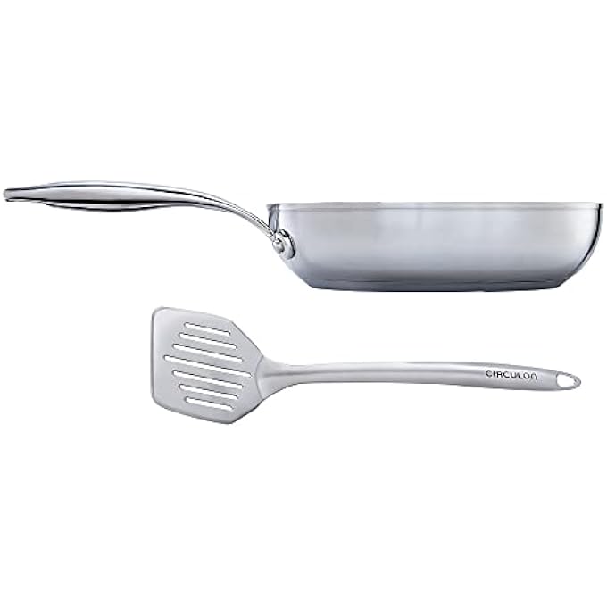 سركيولن مقلاة ستيل شيلد من الفولاذ المقاوم للصدأ مقاس 24 سم مع مغرفة قلي مشقوقة، مقلاة تحريضية مع معدن هجين غير لاصق، آمنة للاستخدام في الفرن، آمنة للاستخدام في غسالة الأطباق - Image 1