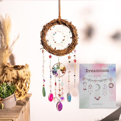 Dreamsum Handmade Natural Dream Catcher Hanging Home Decor at Livingroom Window and Garden Unique Design with Rattan Stones Agate Crystal Ideal for Any Space Gift Giving to Lovers Parents and Friends - Image 1