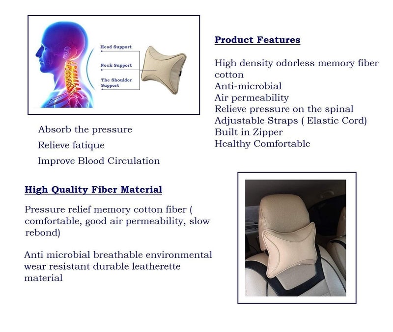 Auto Hub Car Faux Leather Neck Rest Pillow/Cushion for All Cars (Beige) - Pack of 2 - Image 2