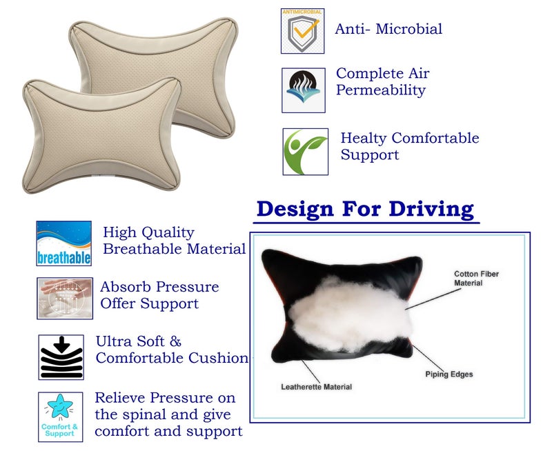 Auto Hub Car Faux Leather Neck Rest Pillow/Cushion for All Cars (Beige) - Pack of 2 - Image 3