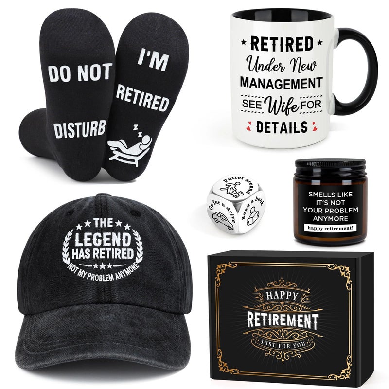 Launrada Retirement Gifts for Men 2026 Retired Gifts for Men Happy Retirement Decorations for Man The Legend has Retired Gift Ideas for Man Includes Mug Hat Candle Socks Dice - Image 1