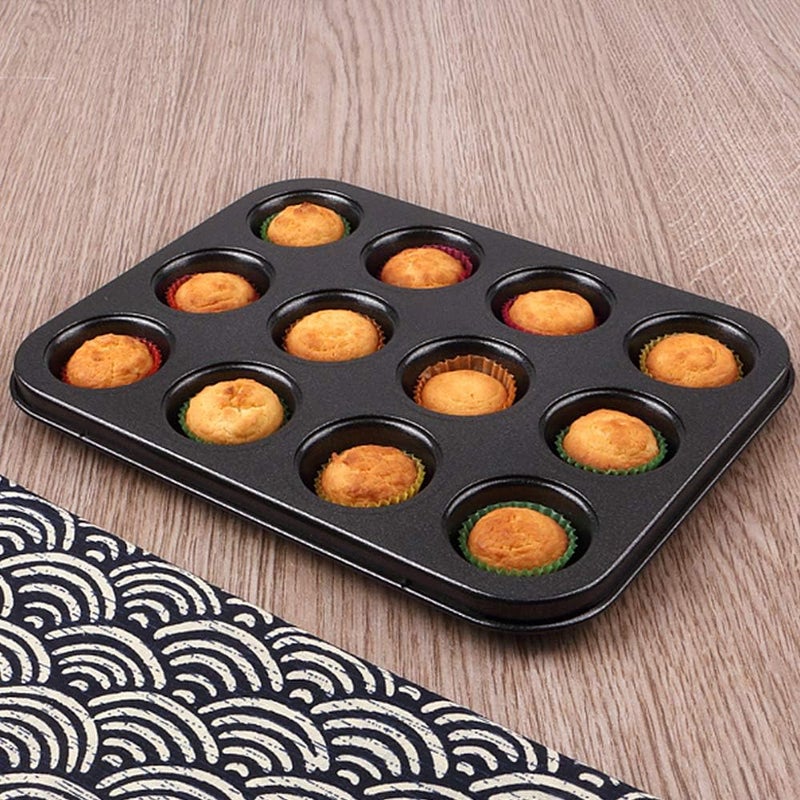 SHOWAY Cake Bakeware Mould, Carbon Steel Muffin Pan, 12 Cavity Bakeware Non-Stick Cake Baking Pan, Mini Pie Pans, Carbon Steel Muffin Tray, Standard Baking Pan Mold for Oven Baking - Image 5