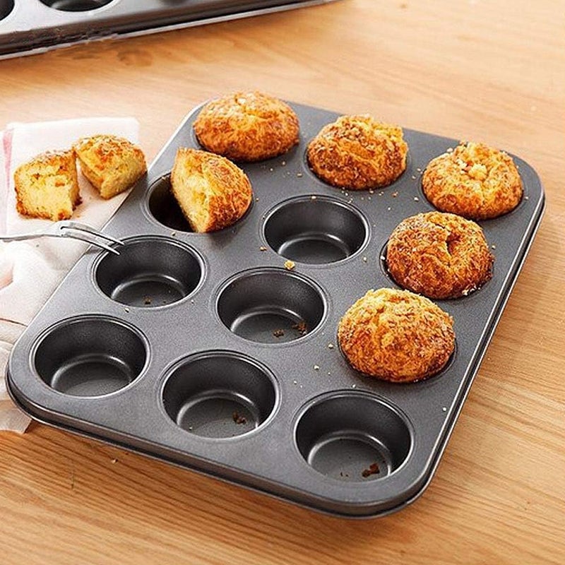 SHOWAY Cake Bakeware Mould, Carbon Steel Muffin Pan, 12 Cavity Bakeware Non-Stick Cake Baking Pan, Mini Pie Pans, Carbon Steel Muffin Tray, Standard Baking Pan Mold for Oven Baking - Image 4