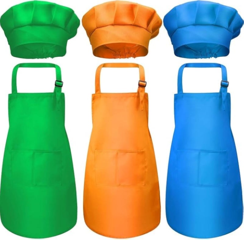 طقم قبعة ومئزر طاهٍ للأطفال والكبار، 6 قطع، أخضر، برتقالي، أزرق، مع جيب أمامي وحزام قابل للتعديل، مناسب لحفظ الملابس في المطبخ والفصل الدراسي، يشجع الأطفال على المشاركة مع أمهاتهم.
