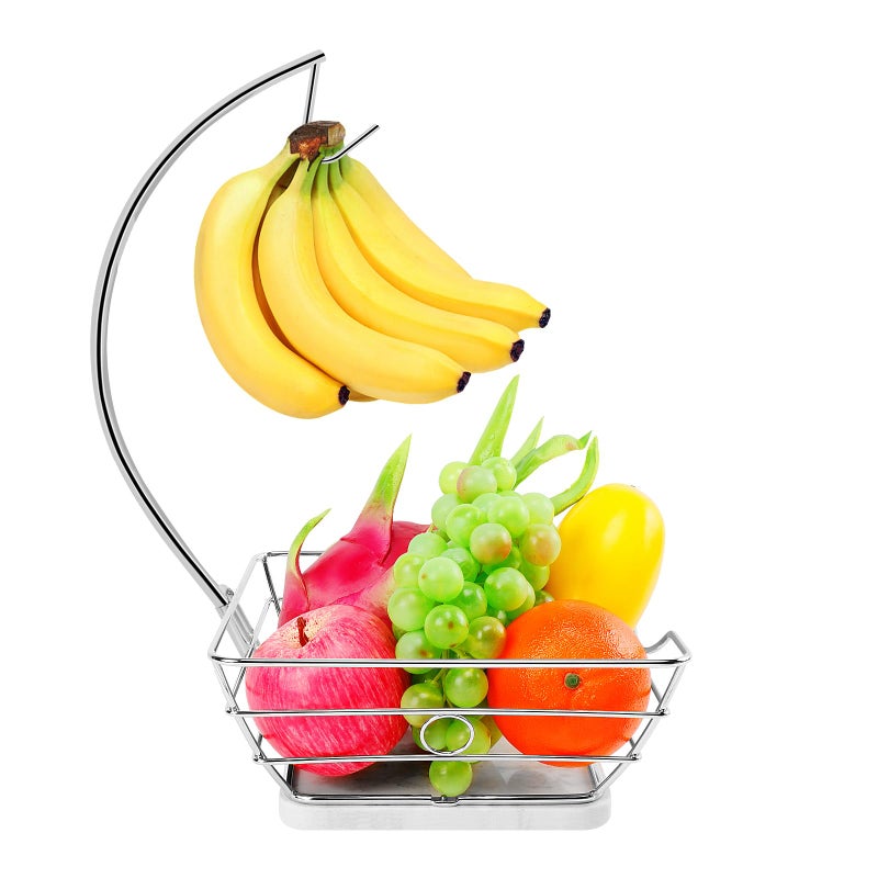 Livabber Countertop Fruit Basket Bowl with Banana Hanger Modern Standing Fruit Vegetable Bowl Storage with Banana Tree Holder for Kitchen Dinning Table Square Marble Chrome - Image 2
