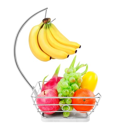 Livabber Countertop Fruit Basket Bowl with Banana Hanger Modern Standing Fruit Vegetable Bowl Storage with Banana Tree Holder for Kitchen Dinning Table Square Marble Chrome - Image 1
