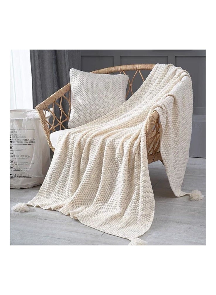 بطانية محبوكة نورديك مع شرابات، 130 × 170 سم، بطانية محشوة بالقطن للأريكة والسرير، خيوط كروية دافئة لجميع المواسم، وقيلولة المكتب والغرفة المكيفة - Image 1