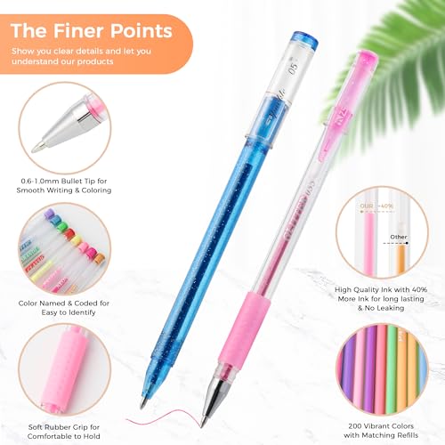 ZSCM 400 Pack Gel Pens for Adult Coloring Book, 200 Artist Colored Pens With 200 Refills, Fine Tip Metallic Glitter Gel Pens for Drawing Doodling Journaling Craft Art Supplies - Image 2