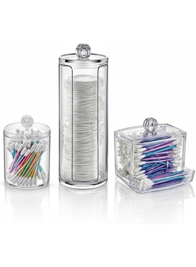 3 Pcs Combo Of Multi-Purpose Acrylic Q-Tip Holder Dispenser, Round Cotton Ball Pad Swab Holder With Ear Stick Swabs, Toothpick Container For Makeup Storage - Bathroom Organizer - Image 1
