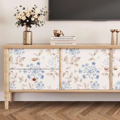 WESTICK Light Blue Leaf Boho Peel and Stick Wallpaper Netural Floral Contact Paper Self Adhesive Vintage Beige Flower Wall Paper Nature Botanical Wallpaper for Bedroom Bathroom Farmhouse 175x100 - Image 3