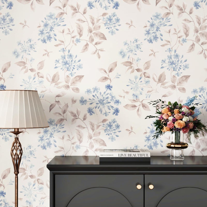 WESTICK Light Blue Leaf Boho Peel and Stick Wallpaper Netural Floral Contact Paper Self Adhesive Vintage Beige Flower Wall Paper Nature Botanical Wallpaper for Bedroom Bathroom Farmhouse 175x100 - Image 2