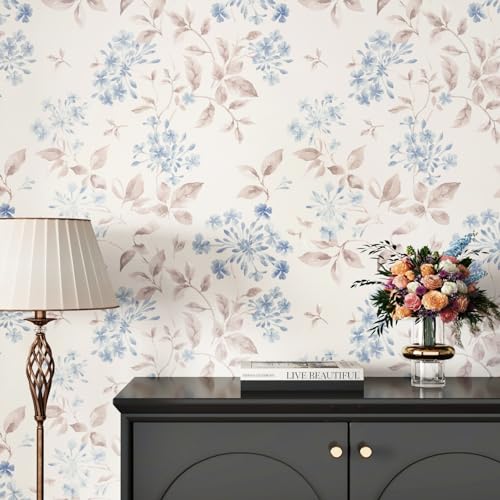 WESTICK Light Blue Leaf Boho Peel and Stick Wallpaper Netural Floral Contact Paper Self Adhesive Vintage Beige Flower Wall Paper Nature Botanical Wallpaper for Bedroom Bathroom Farmhouse 175x100 - Image 1