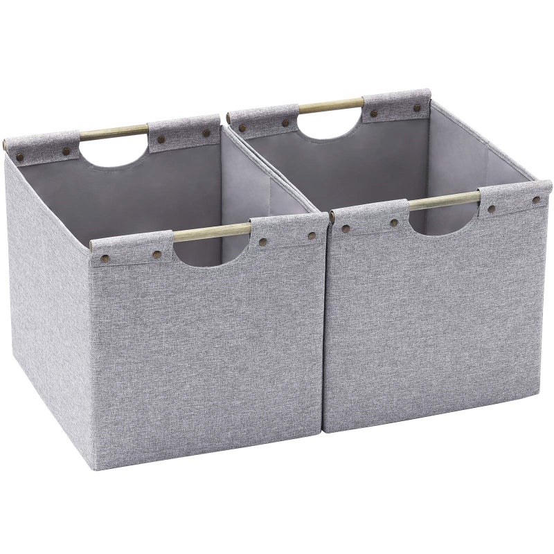 HOONEX HOONEX Large Foldable Storage Bins Linen Fabric 2 Pack with Wooden Carry Handles and Sturdy Heavy Cardboard for Home Office Car Nursery Light Grey