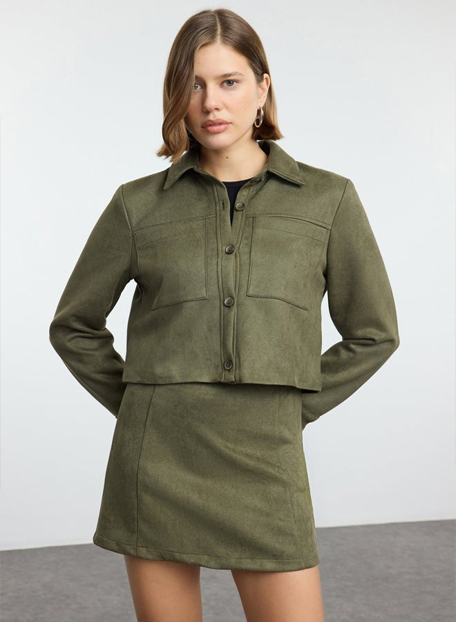 trendyol Khaki Pocket Detailed Suede Fabric Crop Woven Regular Regular Fit Jacket TWOAW25CE00077 - Image 1