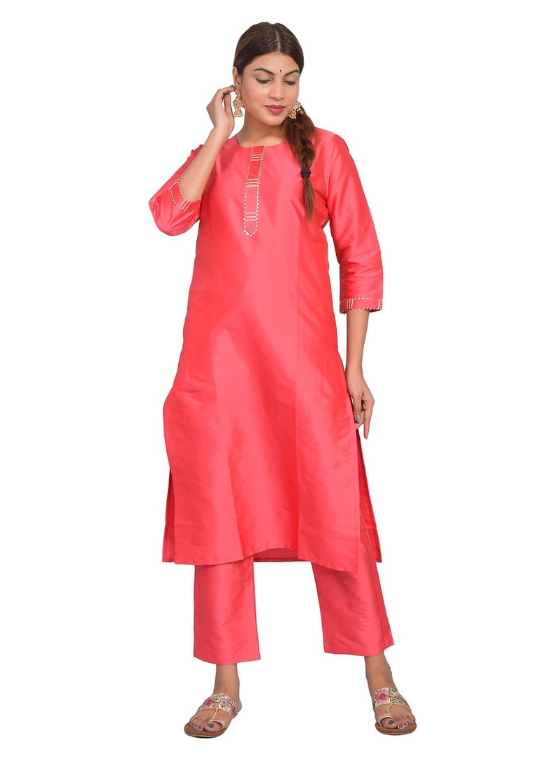 Riara Women Kurti with Pant Set 3/4 Sleeves Kurta Pant Set Art Silk (Plain Taffeta) Size XL  - Image 2