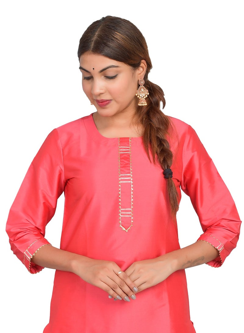 Riara Women Kurti with Pant Set 3/4 Sleeves Kurta Pant Set Art Silk (Plain Taffeta) Size XL  - Image 3