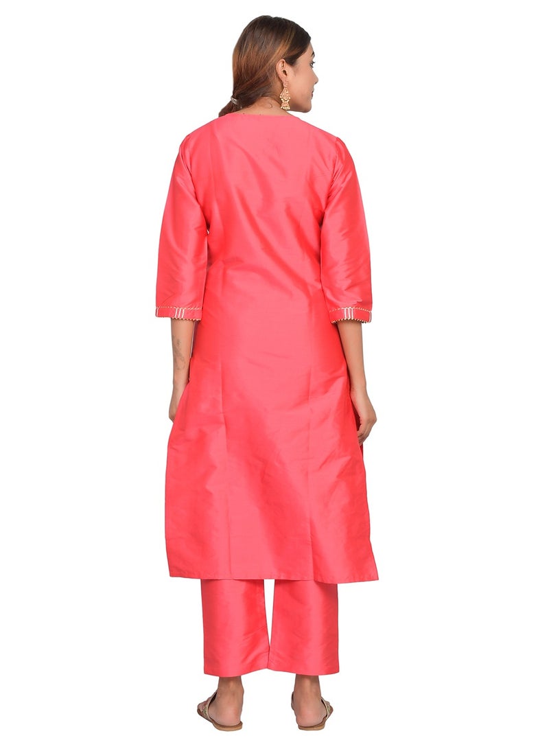 Riara Women Kurti with Pant Set 3/4 Sleeves Kurta Pant Set Art Silk (Plain Taffeta) Size XL  - Image 4