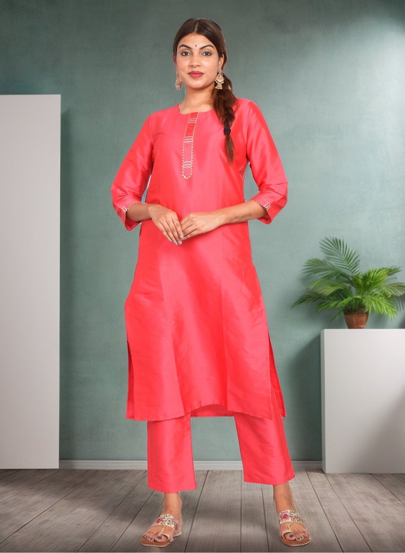 Riara Women Kurti with Pant Set 3/4 Sleeves Kurta Pant Set Art Silk (Plain Taffeta) Size XL  - Image 1