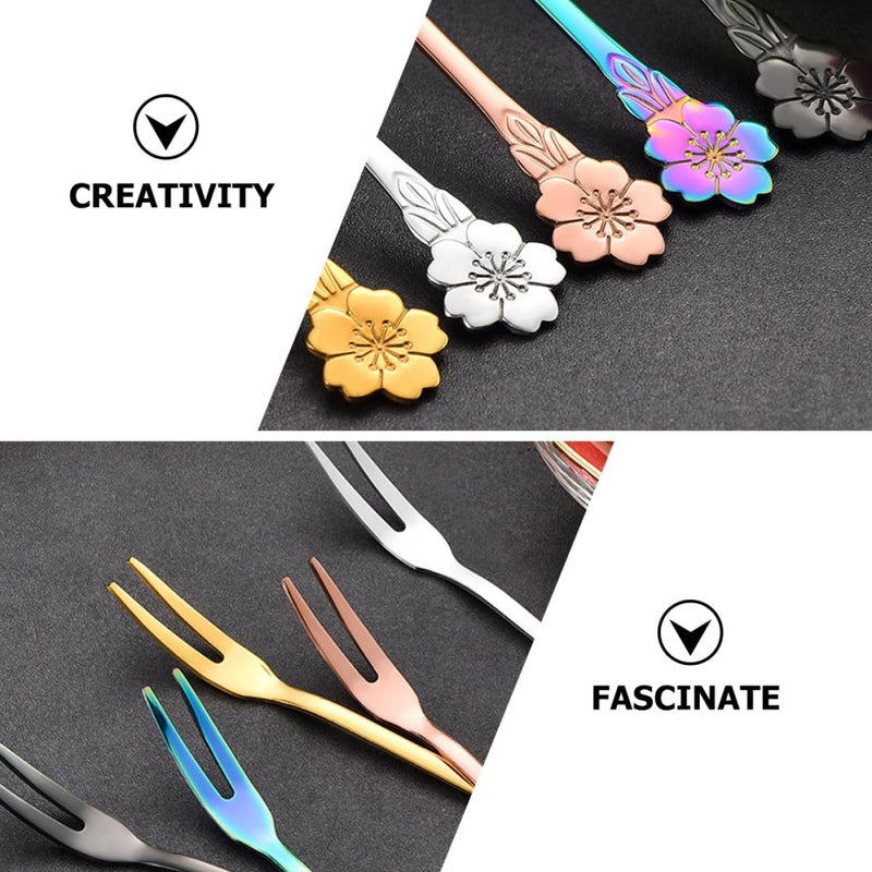 Stainless Steel Two Tine Fruit Forks 10pcs Set Cute Cherry Blossom Design for Dessert Appetizers - Image 4