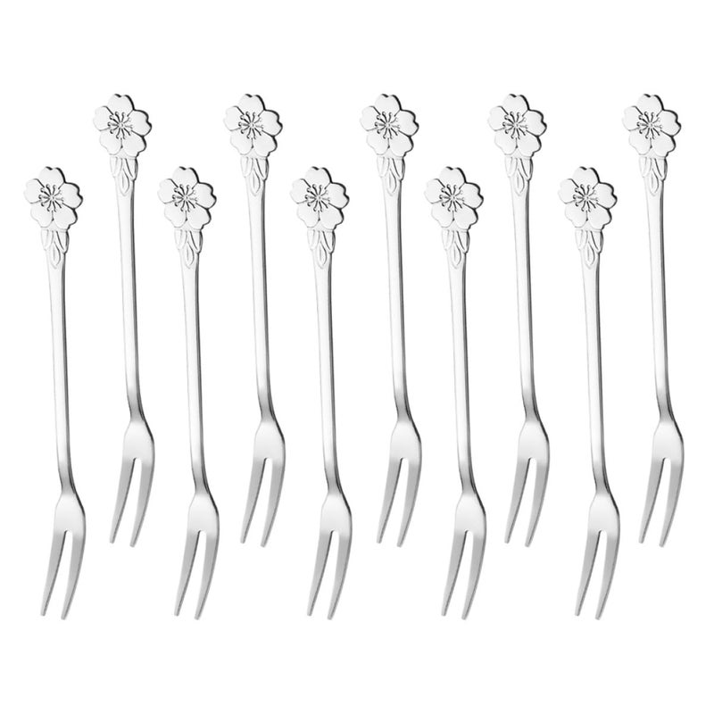 Stainless Steel Two Tine Fruit Forks 10pcs Set Cute Cherry Blossom Design for Dessert Appetizers - Image 2