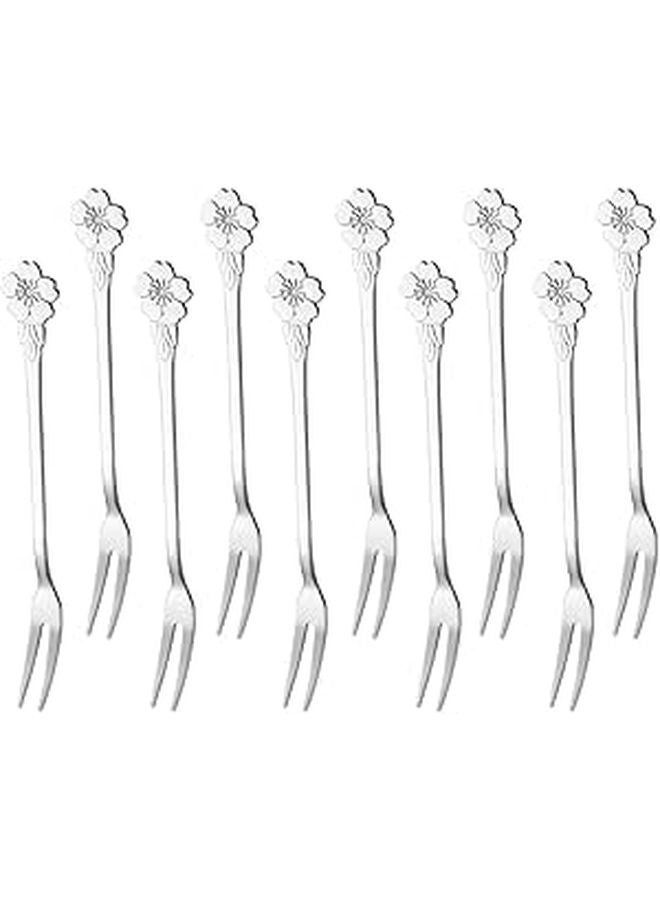 Stainless Steel Two Tine Fruit Forks 10pcs Set Cute Cherry Blossom Design for Dessert Appetizers - Image 1