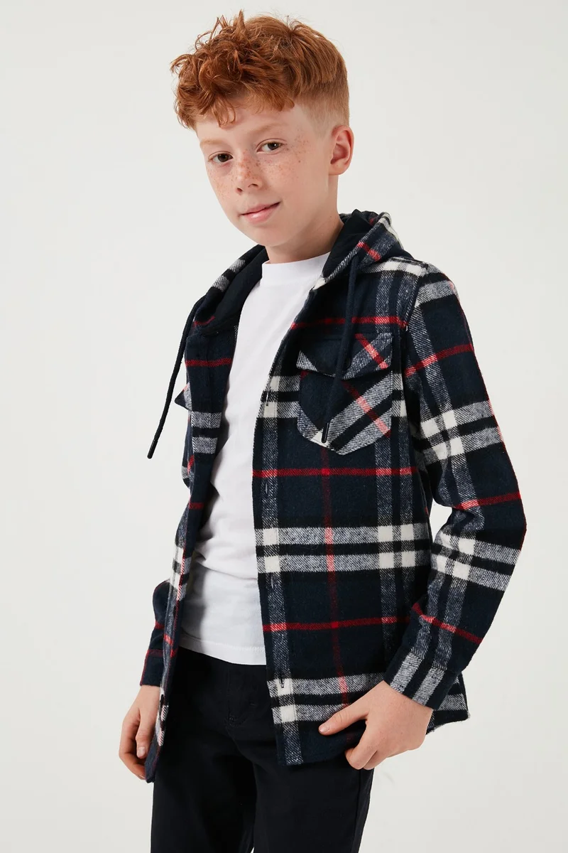 Lela Hooded Double Pocket Plaid Lumberjack Shirt Boy's Shirt Cf25w81786