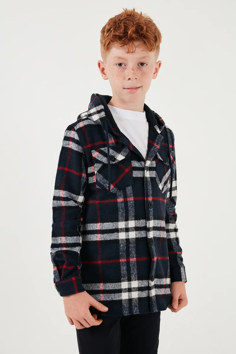 Lela Hooded Double Pocket Plaid Lumberjack Shirt Boy's Shirt Cf25w81786