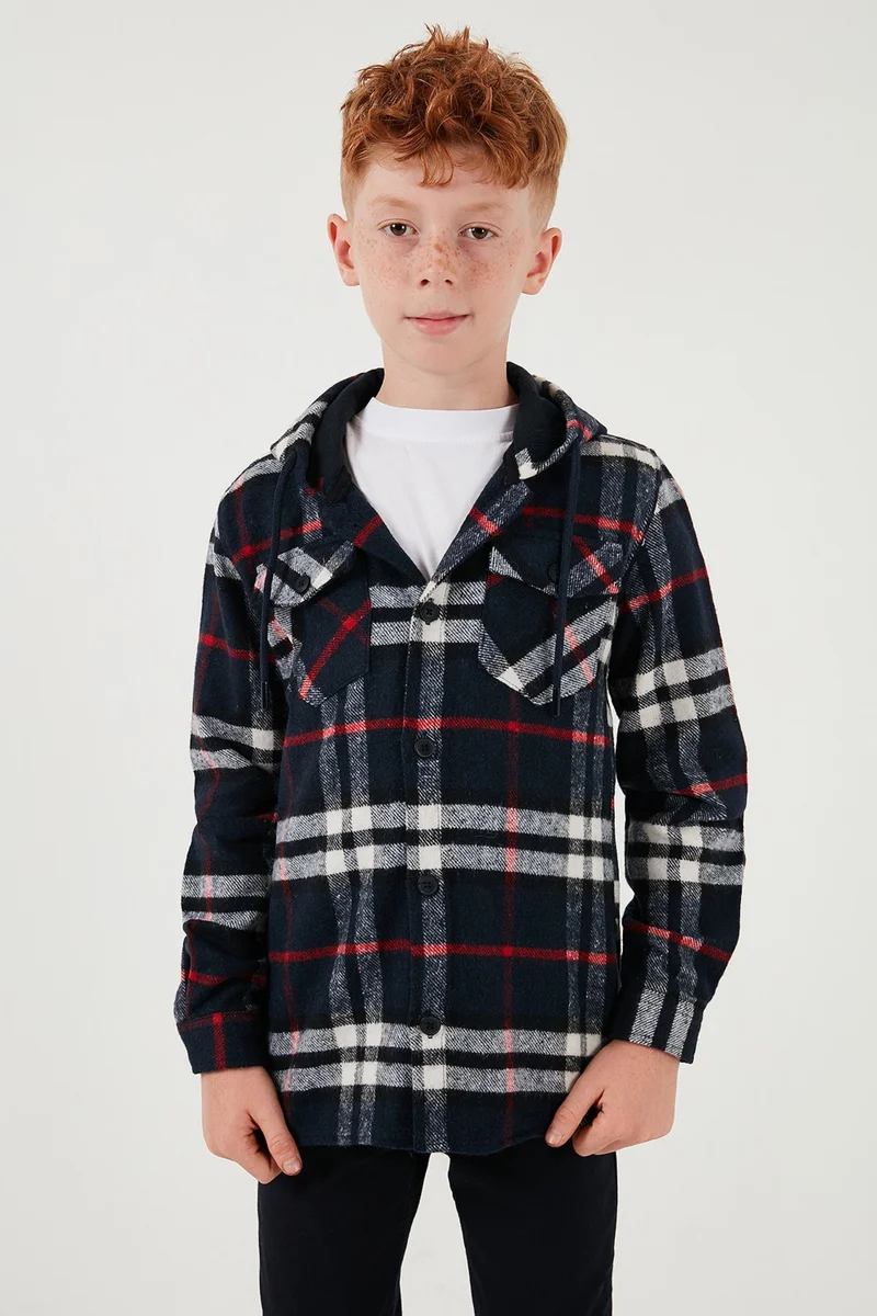 Lela Hooded Double Pocket Plaid Lumberjack Shirt Boy's Shirt Cf25w81786