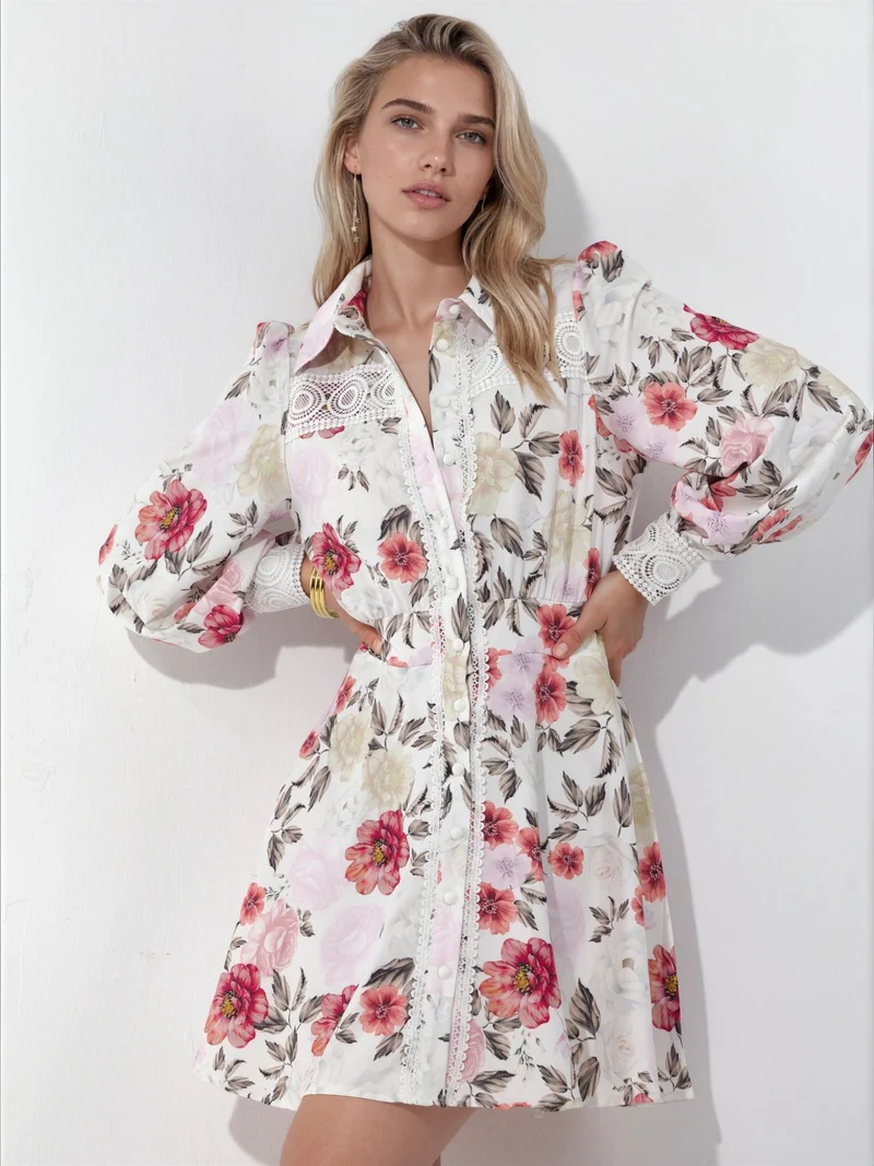 Jennyfer Floral mini shirt dress with lace detail