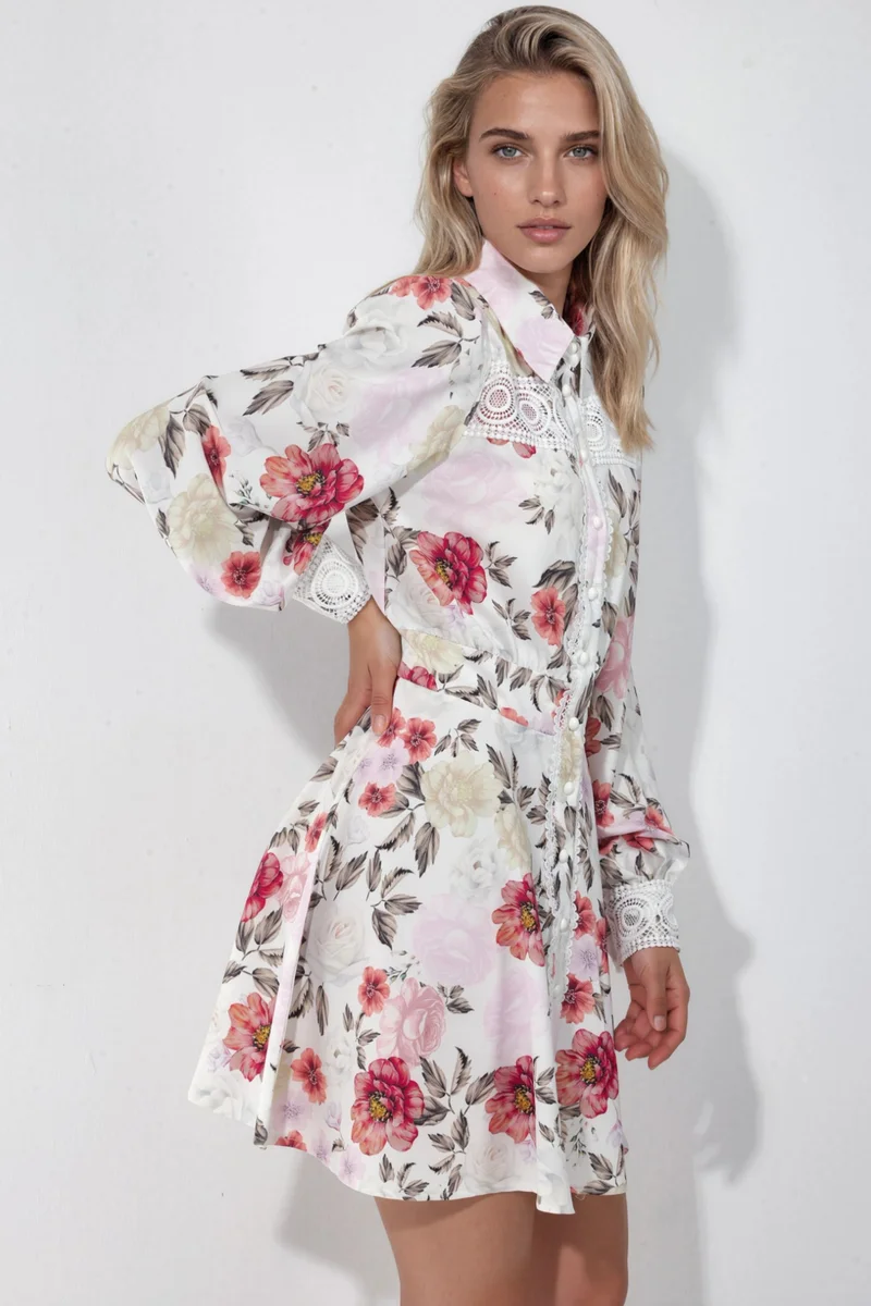 جينيفر Floral mini shirt dress with lace detail