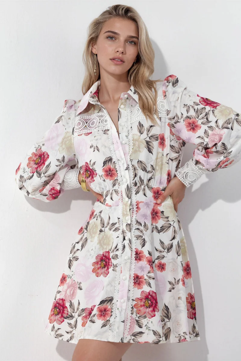 جينيفر Floral mini shirt dress with lace detail