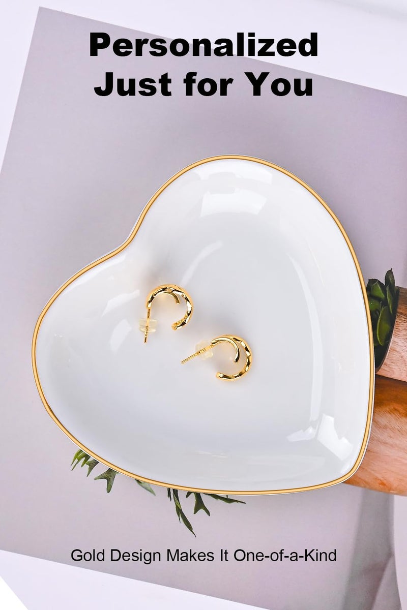 QUELIEN Trinket Dish Heart Shaped Ceramic Dish - Elegant White Jewelry Dish for Rings and Earrings, Heart Ring Tray with Gold Rim - Friendship Gift for Women, Perfect for Vanity, Sink, Nightstand Use - Image 3