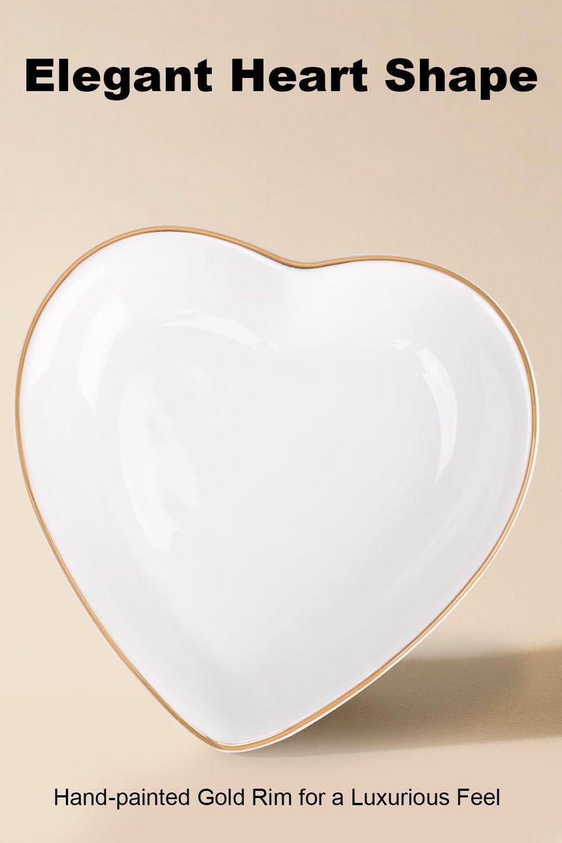 QUELIEN Trinket Dish Heart Shaped Ceramic Dish - Elegant White Jewelry Dish for Rings and Earrings, Heart Ring Tray with Gold Rim - Friendship Gift for Women, Perfect for Vanity, Sink, Nightstand Use - Image 4