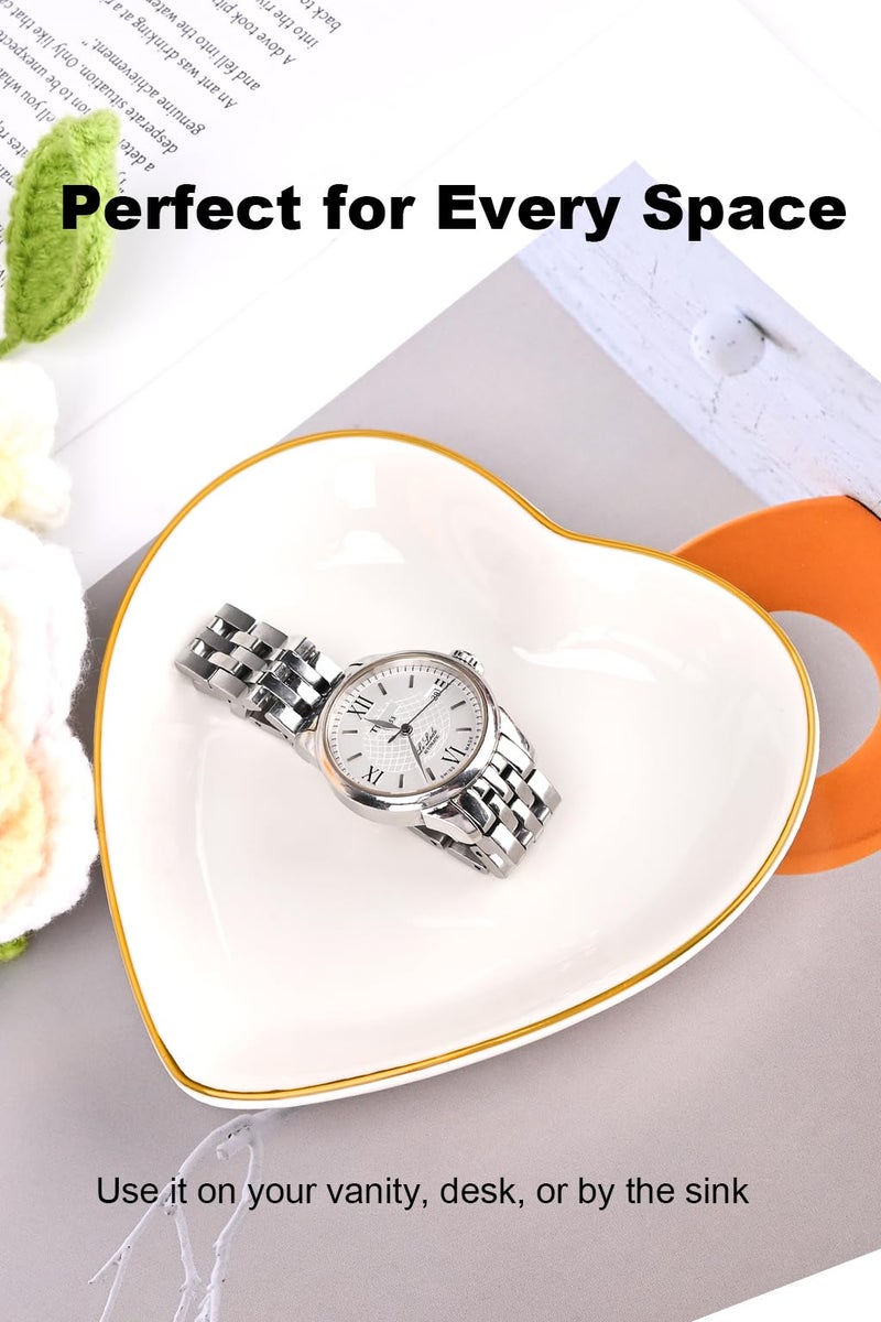 QUELIEN Trinket Dish Heart Shaped Ceramic Dish - Elegant White Jewelry Dish for Rings and Earrings, Heart Ring Tray with Gold Rim - Friendship Gift for Women, Perfect for Vanity, Sink, Nightstand Use - Image 2