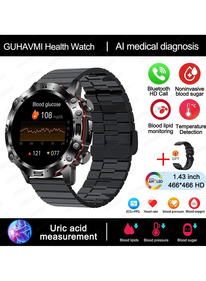 AROAQ Men Women Accurate Blood Sugar Heart Rate Blood Oxygen Uric Acid Health Monitor ECG and PPG Smart Watch - Image 1