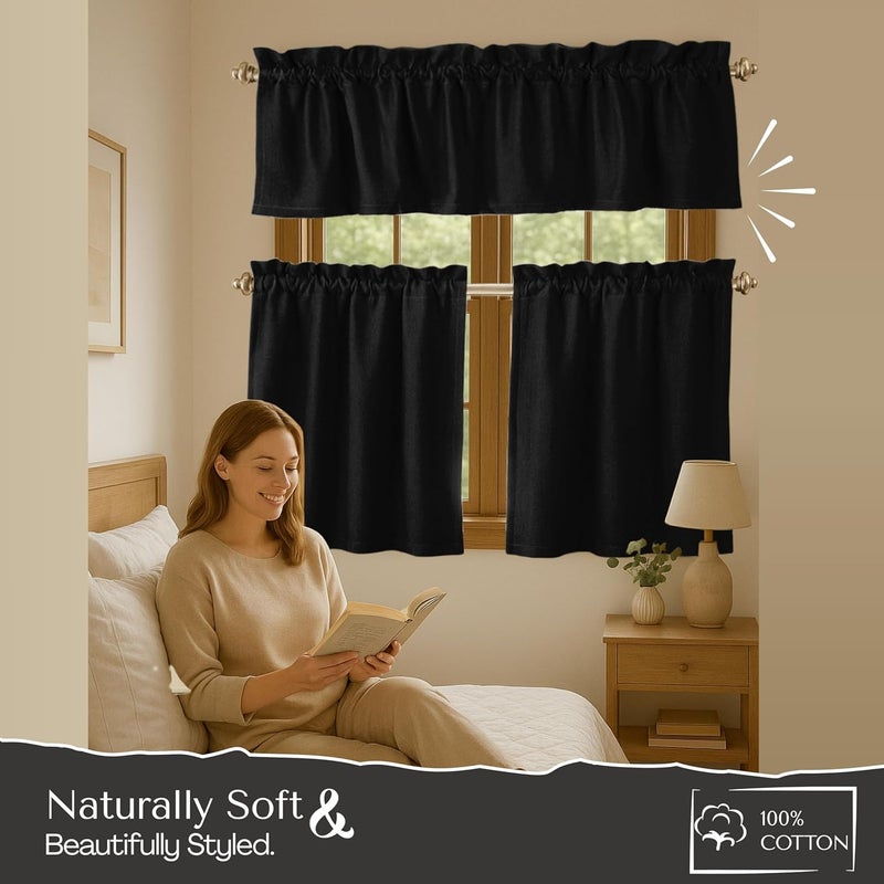 Native Fab 3 Pieces Window Curtain Tiers 26"x36" and Valance 54"x18" Set - Rod Pocket - Semi Sheer - Farmhouse Curtain for Kitchen, Cafe, Bathroom, Living Room - Black - Image 5