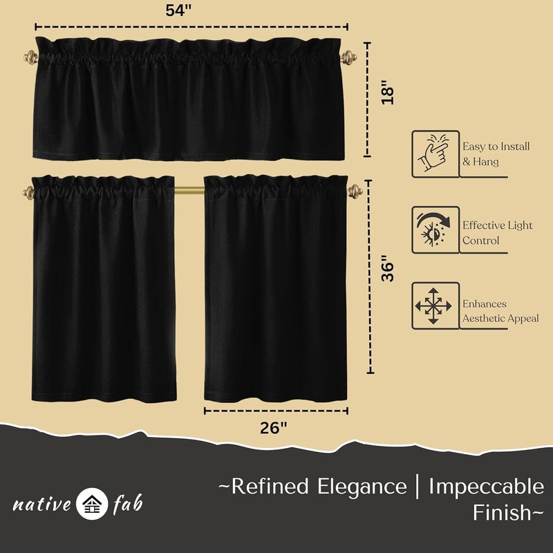 Native Fab 3 Pieces Window Curtain Tiers 26"x36" and Valance 54"x18" Set - Rod Pocket - Semi Sheer - Farmhouse Curtain for Kitchen, Cafe, Bathroom, Living Room - Black - Image 3
